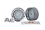 Two 1.9 inch chrome and grey RC crawler rims with matching chrome center caps and a small sheet of wheel cap decals on a white background.