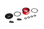 ARRMA red aluminium differential case set including a red housing, black end cap, metal gaskets, washers, and small screws on a white background.