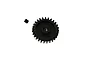 A black metal pinion gear with a small grub screw isolated on a white background.