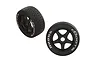 Two ARRMA dBoots Hoons belted RC car wheels with black 5-spoke rims and black rubber tires featuring white lettering on a white background.