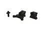 Three black plastic ARRMA RC chassis components including a post and two mounting brackets arranged on a white background.