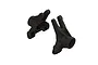 A pair of black molded plastic ARRMA rear hub carriers for RC vehicles, shown from an angled perspective against a white background.