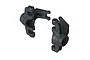 Two black plastic ARRMA front steering hubs for RC vehicles, shown from an angled perspective against a white background.