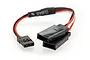 A Futaba Y-lead connector with one male plug and two female sockets connected by red, black, and white wires on a white background.