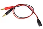 A Futaba J charging lead with red and black banana plugs on one end and a black Futaba J connector on the other.