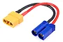 An RC battery adapter cable with a yellow female XT90 connector on one end and a blue male EC5 connector on the other, joined by red and black wires.