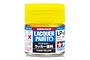 A 10ml glass jar of Tamiya LP-69 Clear Yellow lacquer paint with a bright yellow screw-top lid against a white background.