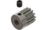 A 13-tooth metal pinion gear for RC cars, shown with a small black grub screw above it against a white background.