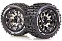 Two Louise 3.3 inch MT-Pioneer monster truck wheels with black chrome rims and aggressive tread patterns, set against a white background.