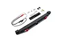 Yeah Racing black aluminium rear bumper for RC crawlers, including LED lights, tow hooks, and mounting hardware on a white background.