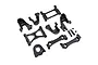 A set of black anodized aluminium upgrade parts for the Traxxas TRX-4 RC crawler, including suspension arms, mounts, and a motor plate.