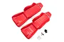 Two red plastic racing-style bucket seats for 1/10 scale RC crawlers, shown with included mounting screws and washers.