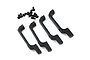 Four black plastic RC car door handles and a set of small black mounting screws on a white background.