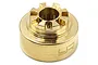 A brass differential carrier part for an RC car, featuring a gear-like top and the Yeah Racing logo engraved on the side.