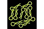A collection of ten fluorescent yellow R-clips for RC car bodies scattered against a black background.