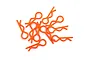 A collection of ten fluorescent orange RC body clips scattered on a white background.