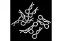 A collection of ten white R-clips for RC car bodies scattered against a black background.