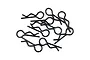 A pile of ten black metal R-clips or body pins used for securing RC car bodies.