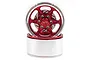 Two Yeah Racing 1.9-inch red aluminium 6-spoke RC crawler wheels stacked on top of each other against a white background.