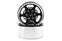 A pair of Yeah Racing 1.9 inch black and silver aluminium 6-spoke RC crawler wheels with integrated brake rotors.