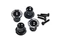 Four black aluminium adjustable body mounts by Yeah Racing with matching black screws on a white background.