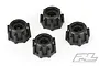 A set of four black Pro-Line 17mm hex adapters for RC wheels arranged on a white background.