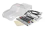 A clear, unpainted Traxxas TRX-4 Sport RC crawler body shell shown with a decal sheet and window masks on a white background.