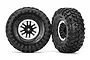 Two Traxxas 1.9 inch Canyon Trail crawler tires mounted on black and satin chrome wheels, shown from front and side angles against a white background.
