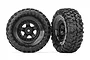 Two Traxxas 1.9 inch Canyon Trail crawler tires pre-mounted on black 5-spoke wheels against a white background.
