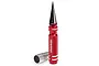 Traxxas red aluminium body reamer tool with a sharp pointed tip and a knurled handle, shown with its protective cap removed.