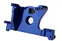A blue anodized aluminum motor mount for Traxxas RC vehicles, featuring a central circular opening and mounting points.