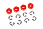 A set of four small red plastic piston dampers and eight metal E-clips arranged on a white background.