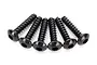 A set of six black button head screws with coarse threads arranged in a fan shape against a white background.