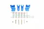 A set of blue anodized aluminium shock mounts for an RC car, including four mounts, various screws, and two nuts, displayed on a white background.