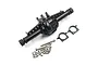 A black aluminium RC differential axle housing for SCX10 II with two mounting rings and a small bag of assorted metal screws and nuts.