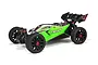 ARRMA Typhon 4x4 Mega RC buggy in green and black, featuring a sleek aerodynamic body, large off-road tires, and a rear wing, isolated on a white background.