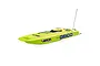 A studio shot of the Pro Boat Miss Geico Zelos 36-inch RC catamaran speed boat in bright neon yellow with green gecko graphics.