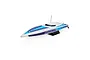 Pro Boat Sonicwake 36-inch brushless RC speed boat in white with blue and black graphics, displayed on a black stand against a white background.
