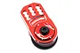 A red anodized aluminium servo horn with a built-in servo saver mechanism, featuring the Yeah Racing logo and multiple adjustment holes.