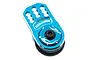 A blue anodized aluminium servo horn by Yeah Racing with a built-in servo saver mechanism, featuring three adjustment holes and a black screw.