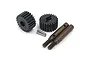 Yeah Racing hardened steel drive shaft and portal drive output gear set for TRX-4, including two gears, two drive shafts, and two small pins.