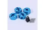 Four blue anodized aluminium 12mm wheel hex adapters with included black screws and silver pins on a white background.