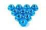 A collection of ten blue anodized aluminium flanged serrated nuts arranged in a triangle formation on a white background.