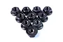 A set of ten black aluminium flanged serrated nuts arranged in a triangle formation on a white background.