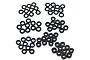 A collection of small black M3 aluminium shims or washers arranged in several loose groups on a white background.