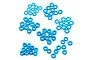 A collection of blue anodized aluminium M3 shims and spacers scattered on a white background.