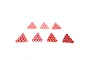 A collection of small red aluminium M3 shims arranged in seven triangular piles against a white background.
