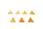 A collection of orange anodized aluminium M3 shims arranged in seven small triangles on a white background.