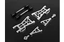 Rovan silver aluminium rear suspension arm and driveshaft upgrade kit components laid out on a dark background.
