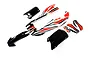 A set of painted RC buggy body shell panels in red, white, and black, including side panels, a nose cone, and two black side pods.